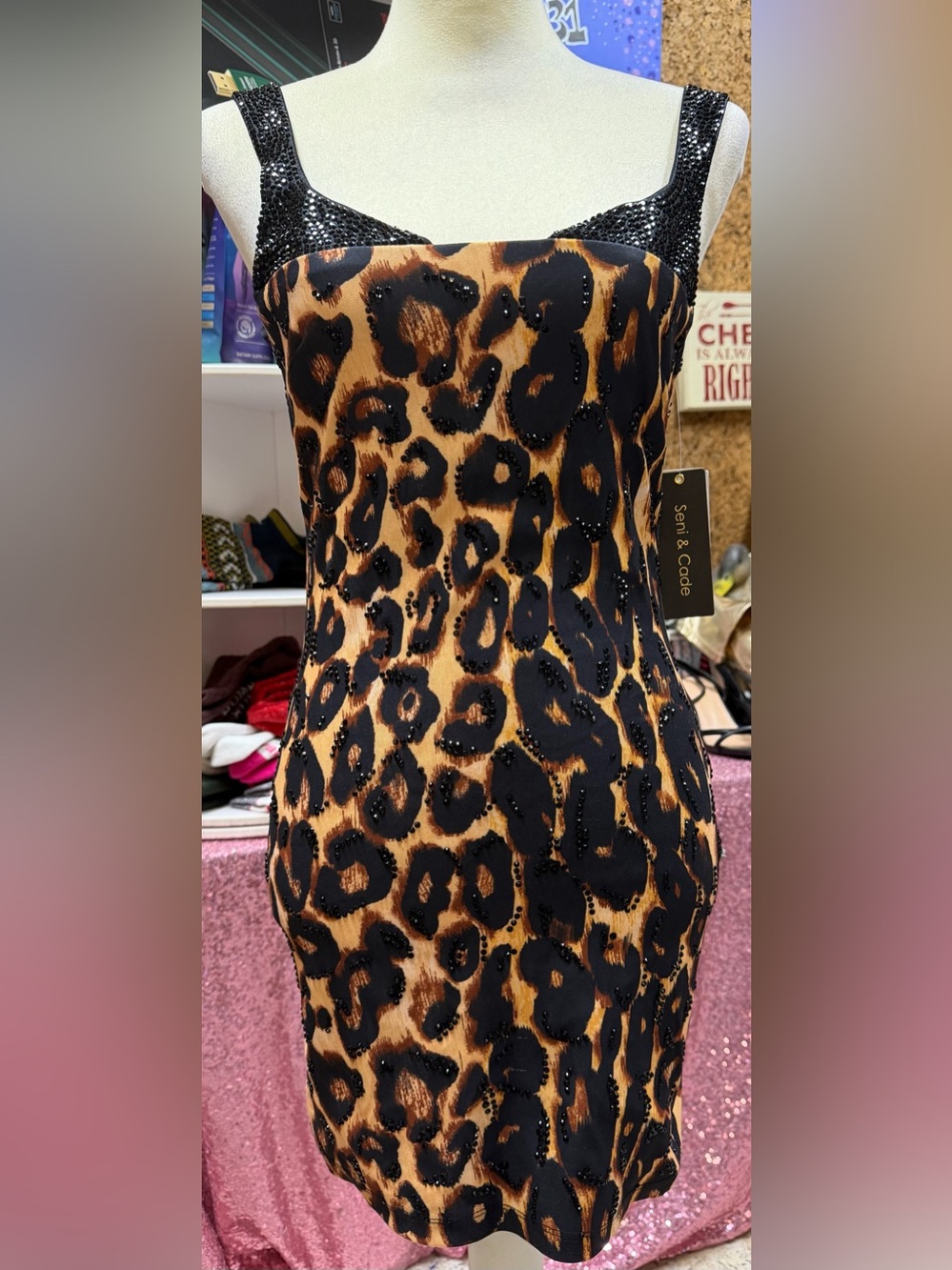 Semi & Cade Sequin Strap Leopard Print Bodycon Dress, NWT